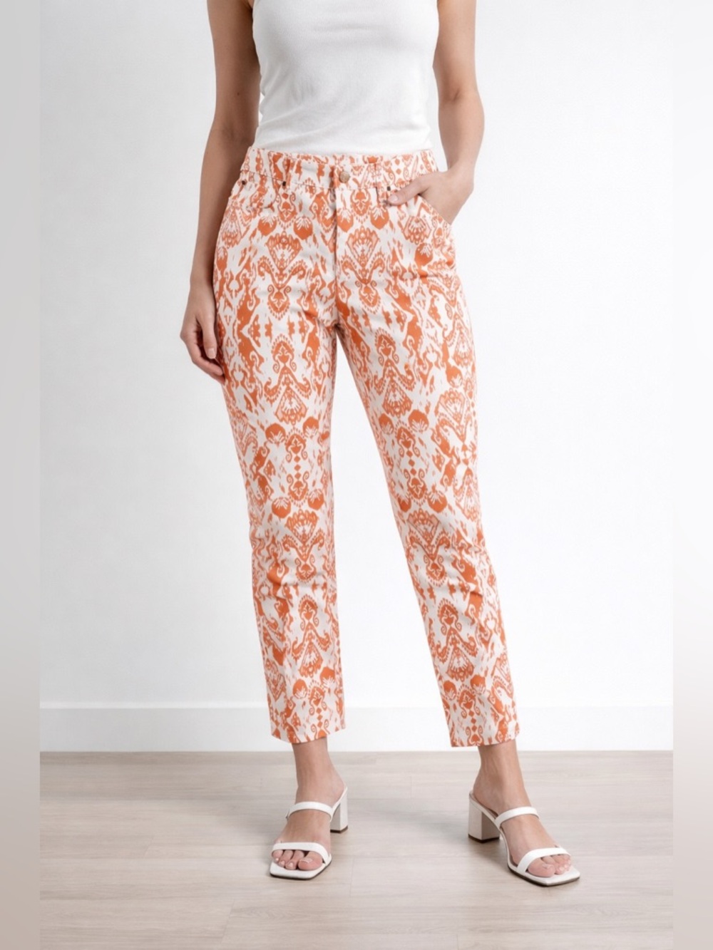 NWOT Chico's Platinum Crop Pants Grecian Ikat Orange White‎ 8 Chico’s 1 Casual